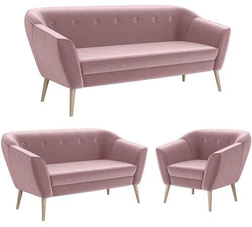 MEBLINI Mini Sofa Set 3-2-1 für Wohnzimmer - Mini Lounge für sechs Personen - Küchensofa - Sofa Klein - Sitzgarnitur - Polstergarnitur - Sofagarnituren - Doris - 3+2+1 - Rosa Samt
