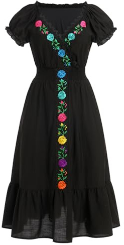 EFOGEP Robe mexicaine pour femme - Printemps été - Robe traditionnelle de fête - Manches courtes - Col en V - Broderie florale - Ourlet à volants - Costume du Cinco De Mayo - Tenue ethnique - Robe de