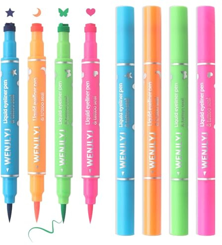 Lot de 4 feutres eyeliner liquides à double tête, bleu, rose, vert, orange, pour femme, imperméable, longue durée de vie, motif papillon, étoile, lune, cœur