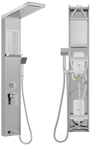 NAIZY Pannello doccia con rubinetto, sistema doccia 5 in 1 con ripiano integrato, set doccia multifunzione con doccetta per massaggio, doccia a cascata, doccia a pioggia, rubinetto in acciaio inox 304