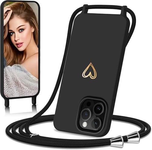 Eherui handyband für iPhone 16 Pro Hülle mit Band,Design Gold Herz,Dünn Stoßfeste SchutzHülle,mit Abnehmbar Kordel zum Umhängen Liquid Silikon Case Handyhülle für iPhone 16 Pro 6,3 Zoll,Schwarz