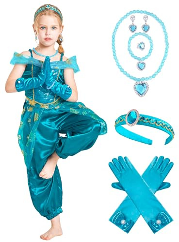 IKALI Jasmin för barn, flicka, prinsessa, fin klänning, outfit för halloween, jul, värld, bok, dag, karneval, fest med pannband, handske, halsband, 8–10 år