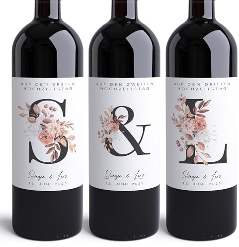 Hochzeitsgeschenk Brautpaar Meilenstein Weinetiketten personalisiert Flaschenetiketten Initialen Hochzeit Geschenk Wein selbstklebende Weinflaschenetiketten Set mit 3 Stk. | 10x12 cm