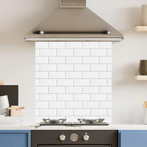 Toughened 6mm Glass Kitchen Splashback 70 x 75cm White Metro Tile - Polished Heat Resistant Back Splash for Cookers Hob
