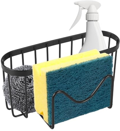DONGKER Kitchen Sink Sponge Holder,Stainless Steel Dish Sponge Hanging Caddy with Adhesive Hook & Suction Cups for Dish Basket Brush Kitchen
