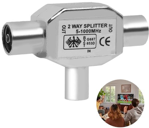 TV Aerial Splitter 2 Way (1 Male to 2 Female), Digital Signal Antenna Splitter T/F Type Adapter Connector Socket to RF Coax Aerial Adapter for Ariel Coaxial Cable Shielded Metal Housing in Argent
