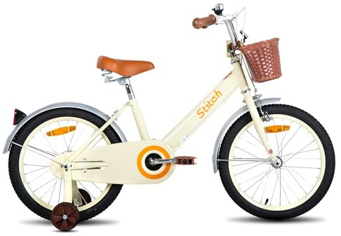 STITCH Vintage 18 Zoll Kinderfahrrad für 4 5 6 7 Jahre Mädchen, Kinderfahrrad mit Vorderkorb & Stützrädern für 4-7 Jahre Kinder,Beige