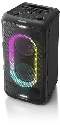 Panasonic SC-BMAX10E-K Tragbarer Party-Lautsprecher mit Bluetooth, integrierter Beleuchtung, 150 W, USB, optischem Eingang für TV, Gitarren- & Mikrofoneingängen für Karaoke, Schwarz
