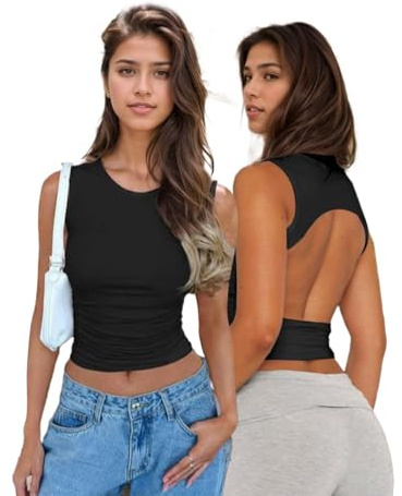EMOTTOS Camiseta sin Mangas para Mujer, Sexy Y2K Crop Top sin Espalda con Hombros Descubiertos Ajustada Camiseta, Slim Fit Top con Cuello Redondo del Partido de Verano Streetwear, Negro, L