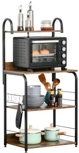HOMCOM Estantería de Cocina 4 Niveles 60x40x125 cm Marrón Rústico y Negro | Estante de Cocina con Ganchos, Estantería para Microondas