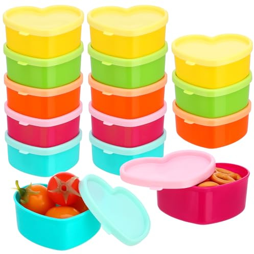 15Pc Small Food Containers with Lids, 90ML Plastic Snack Pots Airtight Kitchen Food Container Set, Reusable Stackable Small Pots with Lids for Lunch, Snack, Freezer Safe(Heart)