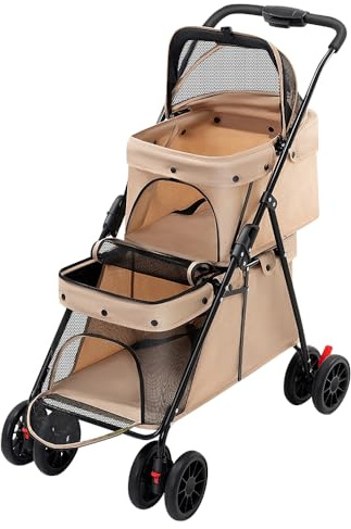 Cochecito de doble capa para perros, gatos, animales, viajes, plegable, de cuatro ruedas, carrito, carriola, buggy - 67 x 50 x 95 cm, color: café