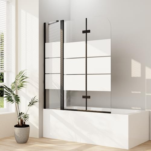 Gestreift Duschwand für Badewanne 160x140cm Duschwand Schwarz 3-teilig Faltbar Badewannenaufsatz mit Festem Segment Duschtrennwand Duschabtrennung für Badewanne, 6mm ESG Sicherheitsglas