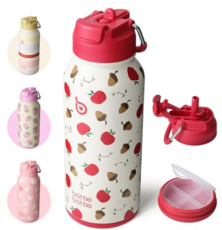 BOTTLE BOTTLE Edelstahl Trinkflasche 1L mit Strohhalm – Auslaufsichere Isolierflasche für Sport & Fitnessstudio, mit Pillenfach, BPA-frei, doppelwandig (Beere)