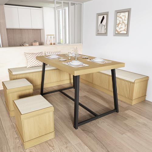 XIAO WEI Corner Dining Table Set, 6-Piece Breakfast Nook Dining Set with Storage Bench and Stools, 47 Banquette Seating for Small Space, Apartment Kitchen & Dining Room, Natural Wood