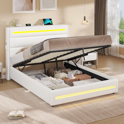KIMENICH Bett 140X200 mit LED-Beleuchtung, Hydraulisches Bett 140x200 cm, Polsterbett Doppelbett, Bettgestell mit Stauraum und Lattenrost, Schlafzimmer, weiß