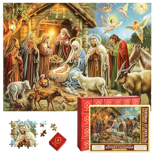 2025 Advent Calendar Jigsaw Puzzle Nativity Scene 1008 Pieces Religious Christmas Countdown Puzzle, 24 Boxes The Birth of Jesus Puzzles for Adults, Jesus Christian Home Decor