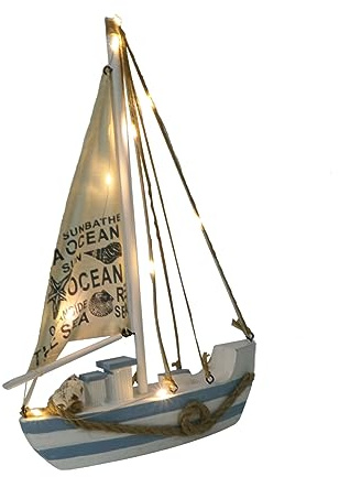 BIUDECO LED Light Boat Ornaments Decorations Nautical Coastal Sailing Beach Decor Small Decorate Sail Anchor Boat Decor Ornamental Yacht Seaside Ornaments Decorative Sailboat White Bamboo