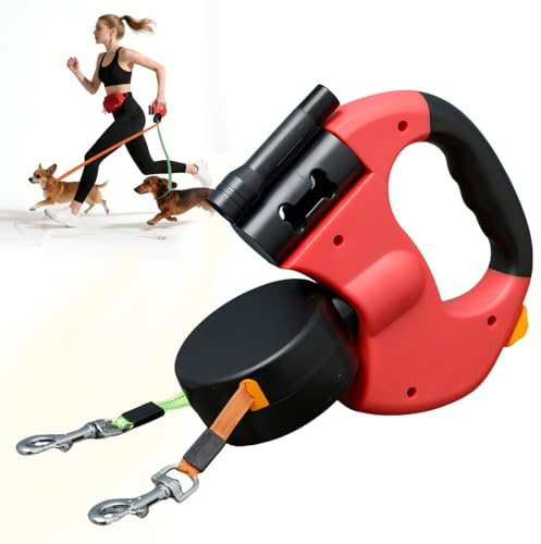 Correa Perro Extensible con Luz, Correa Doble para Perros de 3 m, Correa Extensible con Cómodo Mango Ergonómico para Perros Pequeños y Medianos(Rojo)