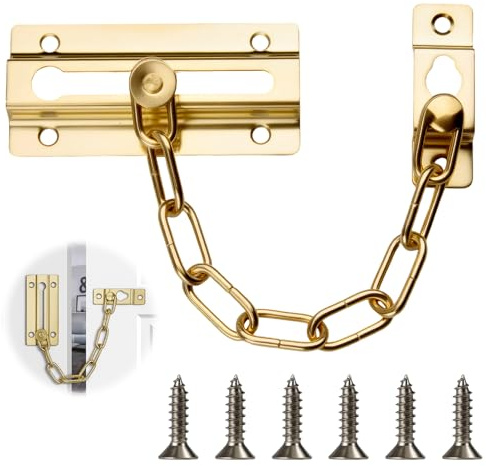 Lueden Door Chain Lock Heavy Duty Safety Chain Lock Polished Brass Internal Door Restrictor Security Latch Chain Lock Sliding Bolt for Front Door Home Hotel Bedroom Apartment Living Motel, Golden