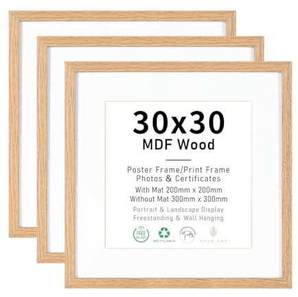 ATOBART Bilderrahmen MDF Holz Natur, 30x30cm, 3er Set | Picture Frame 30x30 zum Aufhängen,Holzrahmen mit Passepartout für 20x20cm Dokumente,Zertifikate,Fotos,Poster