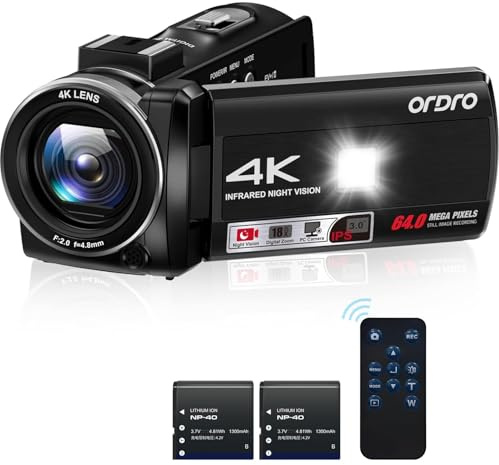 ORDRO 4K/30fps Camcorder, 64MP Vlogging Camera with 18X Digital Zoom, LED Fill light, 3.0 Inch Screen, IR Night Vision, Vlogging Camera for YouTube