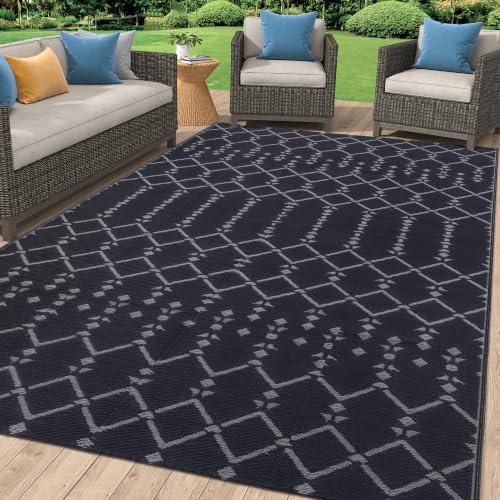 Homaxy Outdoor Teppich Wetterfest 120x180cm, Beidseitig Nutzbar, Wasserdicht Boho Teppiche für Terrasse, Garten, Balkon, Camping, Picknick, Schwarz & Grau
