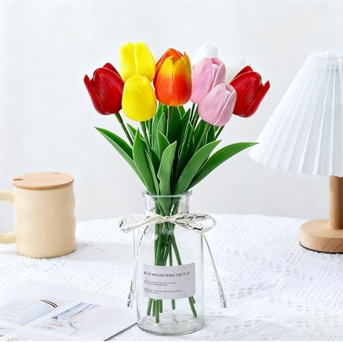 Probuk 10pcs Bouquet de Tulipes Artificielles Multicolores - Langage des Fleurs Complet (2 Orange, 2 Blanc, 2 Rouge, 2 Rose, 2 Jaune), Décoration Festive pour la Maison, Le Bureau & Les Fêtes