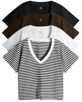 THE SET Mujeres Pack de 4 Camisetas Gruesas de Manga Corta con Cuello de Pico