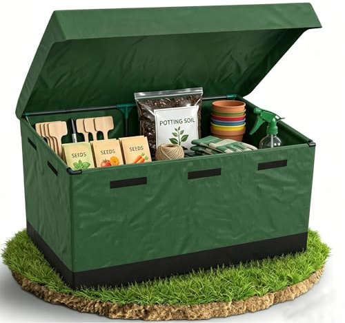 XMTECH Caja de almacenaje de 530 l, resistente a la intemperie, impermeable, con marco de metal y cubierta de lona, caja de almacenamiento plegable para exteriores, cofre de jardín para jardín, balcón
