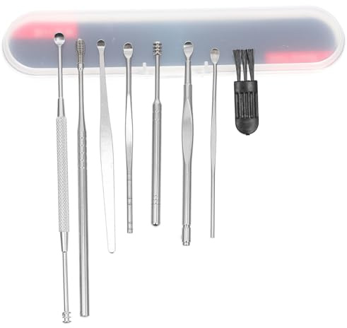 SOLUSTRE Kit per Pulizia Orecchie in Acciaio Inox con 8 Pezzi, Cucchiaini Auricolari Rotanti 360° e Massaggio del Condotto Uditivo, con Scatola in Plastica per Uso Quotidiano da Viaggio