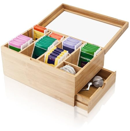 AMAZY Cassetta Porta Tisane in Legno (Extra L) - 31 x 19 x 14,5 cm - decorativa, con 8 divisori regolabili e cassetto - Organizzatore per Bustine Tè e Porta Infusi Sfusi - Elegante e Funzionale