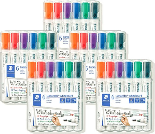 STAEDTLER 5 Etuis Lumocolor 351 WP6 Whiteboard-Marker, Rundspitze ca. 2 mm Linienbreite, Set mit 6 Farben, hohe Qualität, trocken und rückstandsfrei abwischbar von Whiteboards