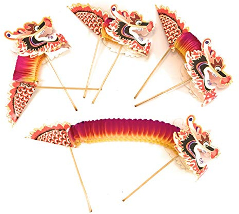 Caprilite Lot de 4 grandes marionnettes chinoises en papier en forme de dragon sur bâton pour enfants Décoration de Nouvel An chinois Jouet Cadeau,Rouge,Rose,Or Jaune