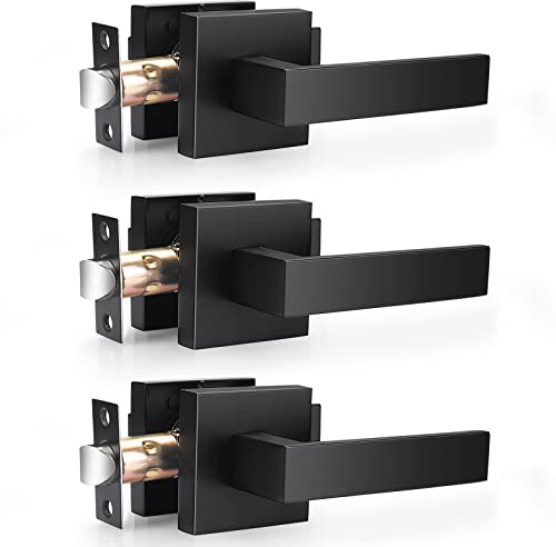 Probrico 3 Pack| Square Passage Door Levers in Matte Black Finish, Heavy Duty Hall Closet Handles Keyless Non-Locking Leverset, Left or Right Handing