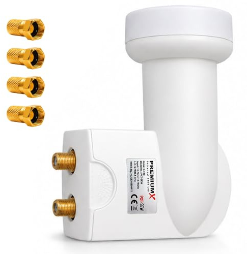 Premium X Twin LNB - 2Fach - für 2 Teilnehmer - 4K Full HD - mit Wetterschutz und LTE Filter + 4X F-Stecker für Satellitenschüssel Digital TV Fernseher SAT Receiver - Weiß