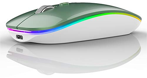 Uiosmuph G12 Maus Kabellos, Leise Wiederaufladbar Mouse,Dunkel Grün | 2.4G, 3 DPI(1000/1200/1600), 7 LED-Farben, Akku-Anzeige, USB-C aufladbar, tragbar, USB-C Adapter, für PC/Laptop/MacBook