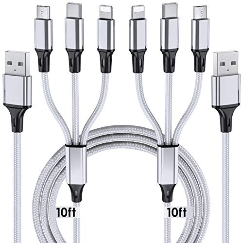 Multi Charging Cable, 10ft 2Pack Multi Phone Charger Cable Braided Universal 3 in 1 Charging Cord Extra Long Multiple USB Cable with USB C, Micro USB Port Connectors for Cell Phones and More