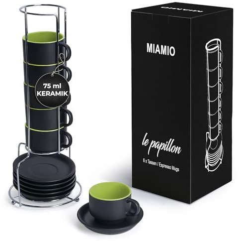 MIAMIO - 6 x 75 ml Espresso Tazzina da caffè - Sei Tazzine Impilabili - Set di Tazze da Caffè, Ceramica - Le Papillon Collezione (Verde)