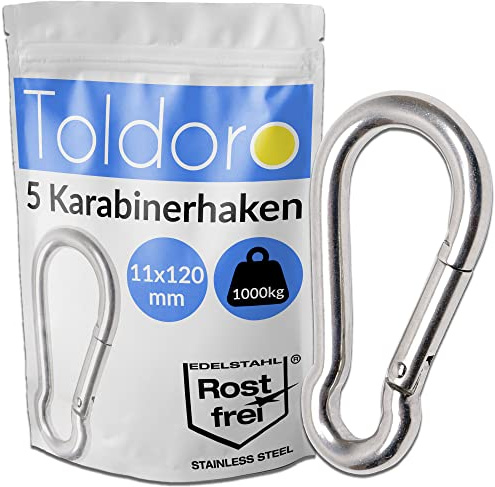 Toldoro Edelstahl Karabiner 11x120mm Rostfrei - NIRO AISI 316 V4A / Karabinerhaken Groß für Slacklines, Segeln, Camping/Feuerwehrkarabiner/Karabiner Set