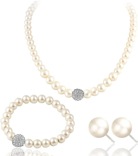 TOFBS Perlen Schmuckset für Damen Mädchen Perlen Anhänger Halskette Ohrringe Armband Set Perlenkette Weiß Perlen Ketten Perlenarmband Perlenohrringe Brautschmuck Set