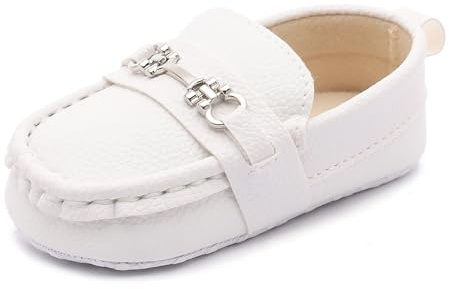 LONSOEN Infant Shoes Boys Loafers Baby Girls Crib Moccasins Classic Synthetic Leather Wedding Dress Shoes,BAY209 White 12-18 Months