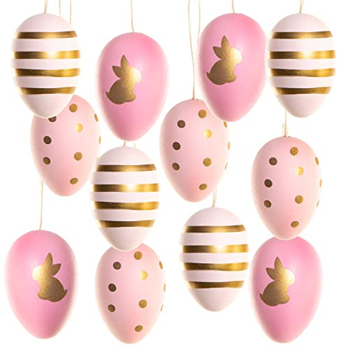 Osteranhänger Eier, 12 Stück: Osterdeko zum Aufhängen, Ostereier-Anhänger Plastik, Osterschmuck Frühling, Deko Fenster & Osterstrauch, Osterei-Set Osterhase, Frühlingsdeko Rosa, Gold & Pink, 6 x 4 cm