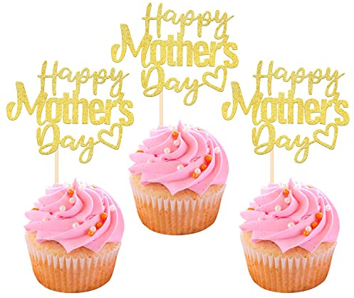 SYKYCTCY 24 Pack Happy Mother's Day Cupcake Toppers with Glitter Hollow Heart Love Mother Best Mom Cupcake Picks Women Birthday Happy Mother's Day Theme Party Cake Decorations Supplies Gold