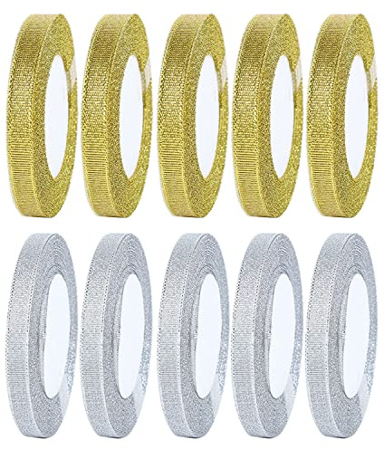 Allazone Glitzer Metallic Bänder, 22 Meters jede Rolle, Geschenkband für Geschenke Verpackung Dekorationen (Gold & Silber, 1cm)