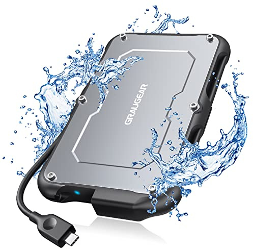 GRAUGEAR Festplattengehäuse für 2,5 Zoll SATA SSD/HDD, IP66 Wasserdicht, Stoßfest, Integriertes USB-C Kabel, UASP, USB 3.2 Gen2, 6Gbps