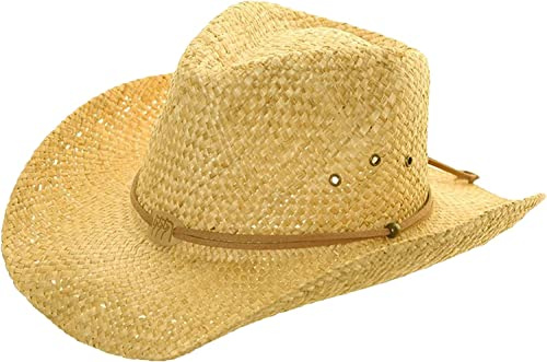 Fidra Sombrero de vaquero de paja natural unisex con diadema de cuero (talla única), Bronceado natural, L