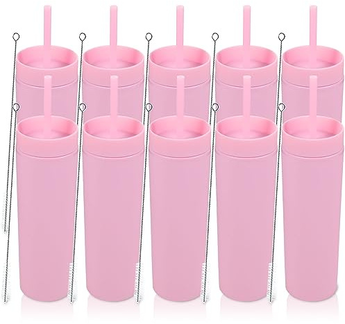 Volhoply 16oz 470ml Plastic Skinny Tumblers with Lid and Straw Bulk | Double Wall | Reusable Iced Coffee Mug | BPA Free | Matte Acrylic Water Cups (Pink,10 Pack)