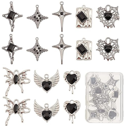 SUNNYCLUE 16 Stück Gothic Charms - Schwarze Strass Charm Bulk Halloween Herz Schmetterlingsflügel Stern Spinnennetz Legierung Glas Charms für Schmuckherstellung DIY Handwerk Halloween