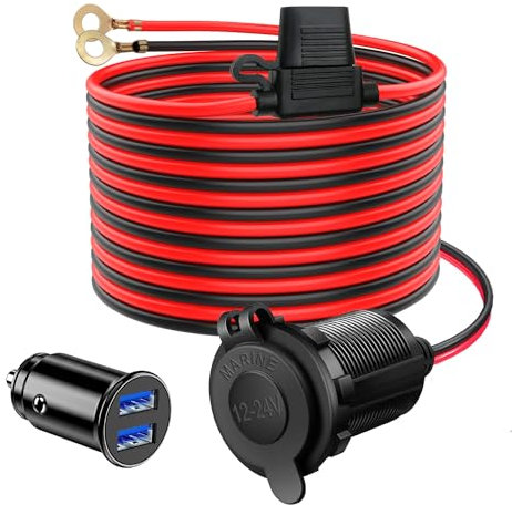 2M Cable de Extensión para Mechero de Coche a Enchufe 14AWG con Fusible 20A Adaptador de Encendedor de Cigarrillos Cable,12V/24V Mini Doble USB Cargador de Coche Enchufe de Mechero